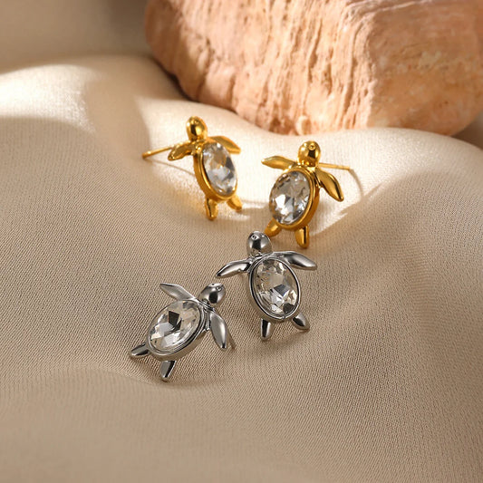 Vintage Crystal Turtle Stud Earrings for Women - Gold Stainless Steel Geometric Wedding Jewelry Gift