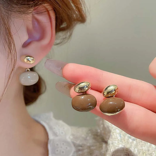 Vintage Metal Enamel Dripping Oil Oval Dangle Earrings for Women - Elegant Coffee Color, Two Ways to Wear