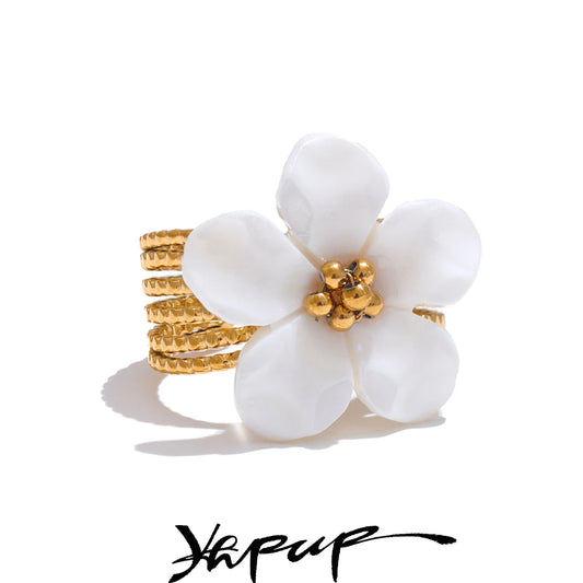 Yhpup Thicker Natural Shell Flower Open Gold Color Ring - Fashion Stainless Steel Waterproof Jewelry