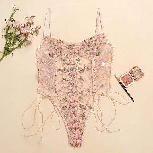 Floral Embroidery Lace See-Through Bodysuit - Elegant Lace-Up Lingerie Romper for Women