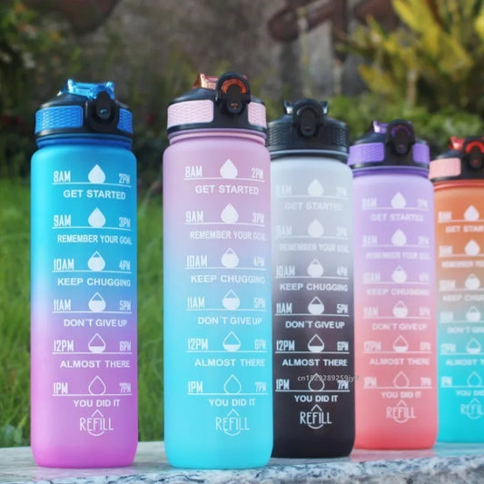 Gradient Color 1000ml Plastic Water Bottle with Straw - Leak-Proof Sports Bottle for Outdoor Adventures