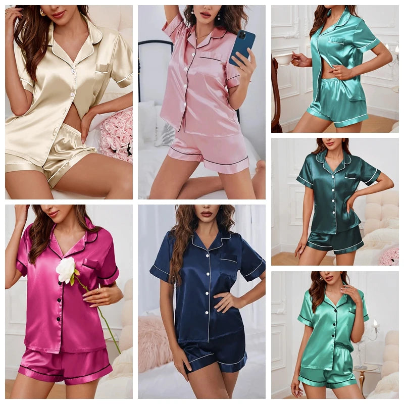 Womens Satin Pajamas Set - Luxurious Short Sleeve Sleepwear