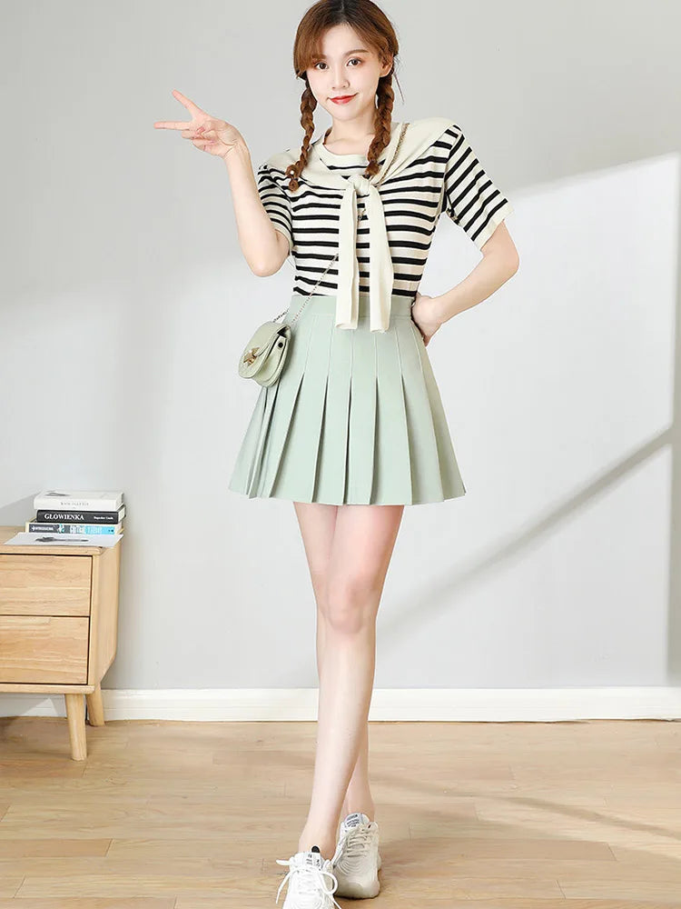 Brown Pleated Mini Skirt for Women - High Waist Harajuku Style Summer 2025 School Uniform