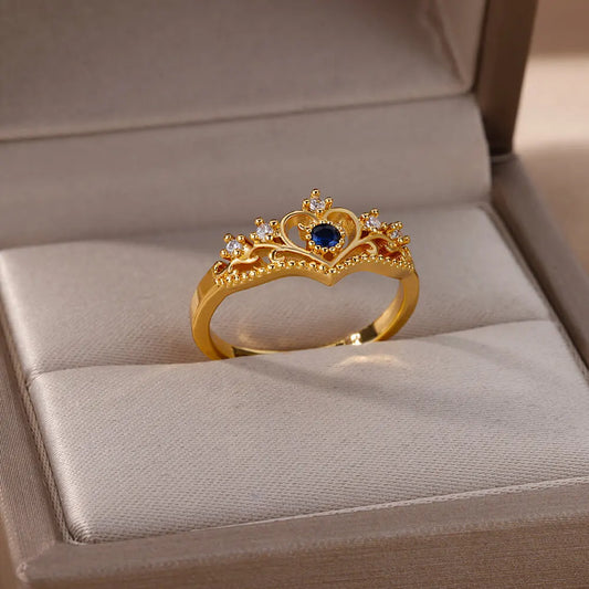 Blue Zircon Crown Rings for Women - Adjustable Gold Color Wedding Jewelry Gift