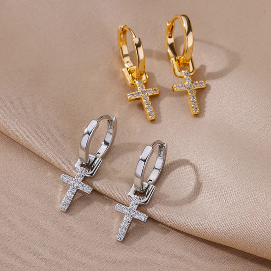 Zircon Cross Dangle Earrings for Women – Trendy Stainless Steel Wedding Jewelry
