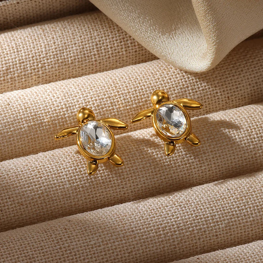 Vintage Crystal Turtle Stud Earrings for Women - Gold Stainless Steel Geometric Wedding Jewelry Gift