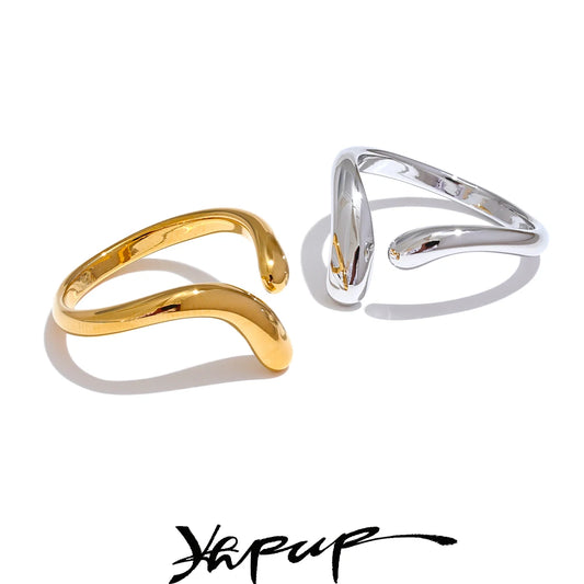 Yhpup Minimalist Stainless Steel Open Chic Adjustable Ring - 18K Golden Fashion Jewelry