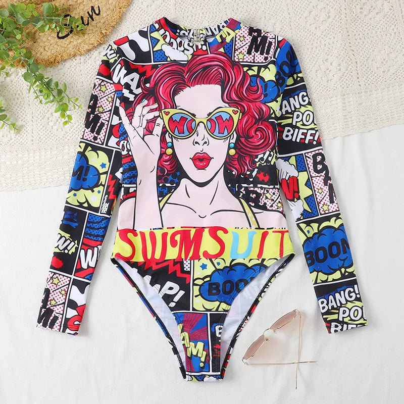 Tropical Luxe Long-Sleeve Surf Swimsuit - Floral Patchwork Beachwear for Women