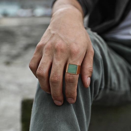 Natural Green Stone Ring for Men and Boys - Stylish Gold Color Stainless Steel Punk Ring