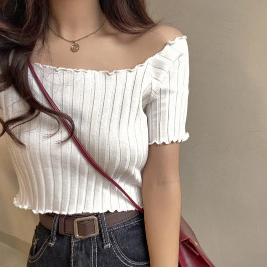 ITOOLIN Women Knitted Ruffles Hem Tops