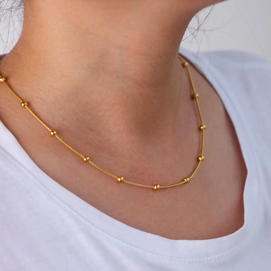Stainless Steel Beaded Round Snake Chain Necklace for Women - Gold Geometric Luxury Jewelry