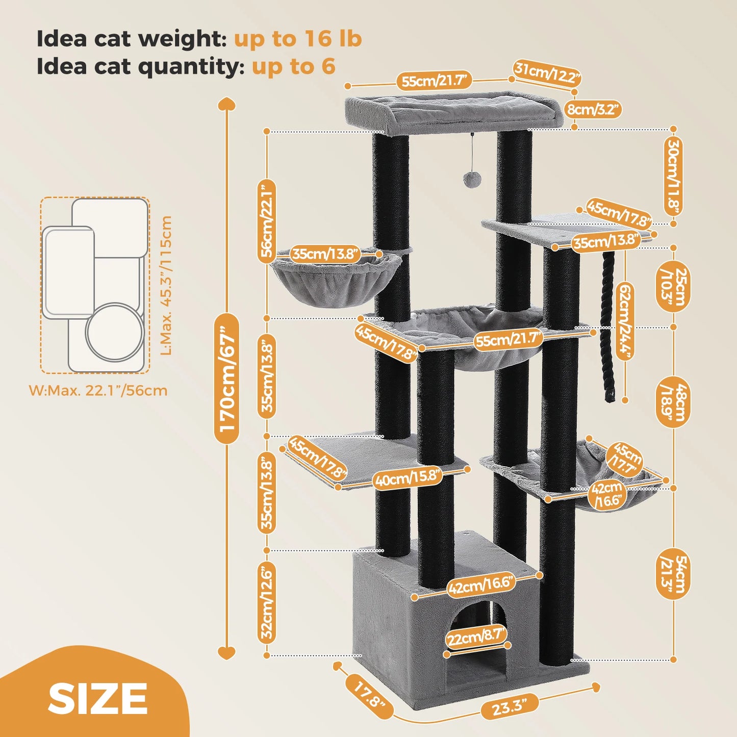 Big Cat Tree for Large Cats - Multi-Level Robust Cat Tower with Hammock and 11 Sisal Posts
