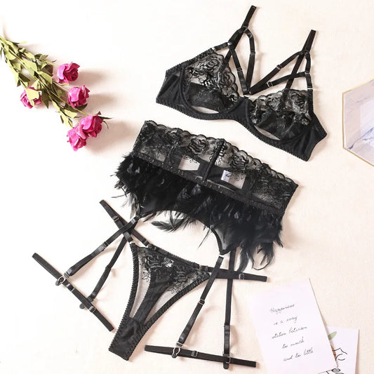 Feather Lingerie Embroidery Fancy Female Underwear Transparent Bra Luxury Lace Intimate Delicate Brief Sets