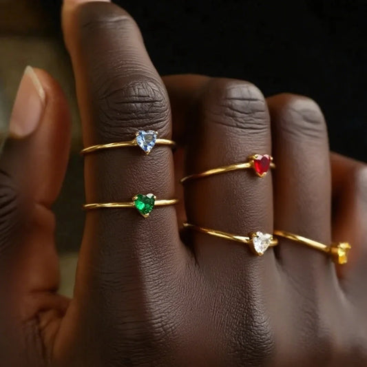 Zircon Heart Birthstone Rings for Women - Adjustable Gold Color Stainless Steel Wedding Jewelry Gift
