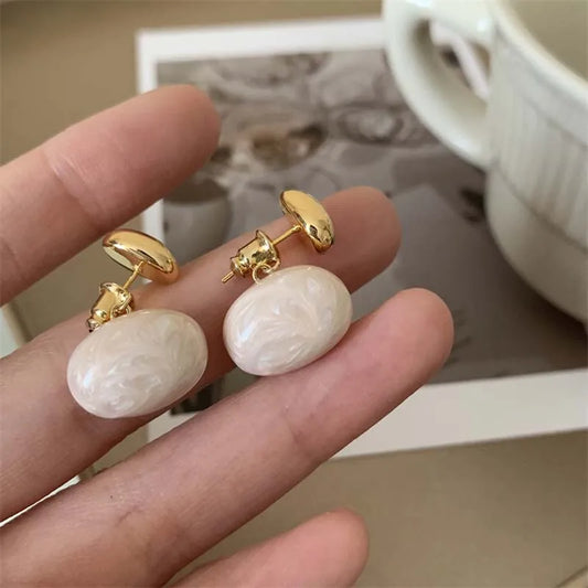 Vintage Metal Bean Spliced Flat Pearl Drop Earrings - Elegant Gold Color Jewelry Gifts for Women