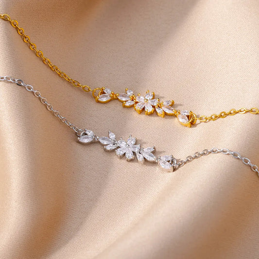 Elegant Zircon Flowers Bracelet for Women and Girls – Luxury Gold Color Stainless Steel Plant Charm Jewelry
