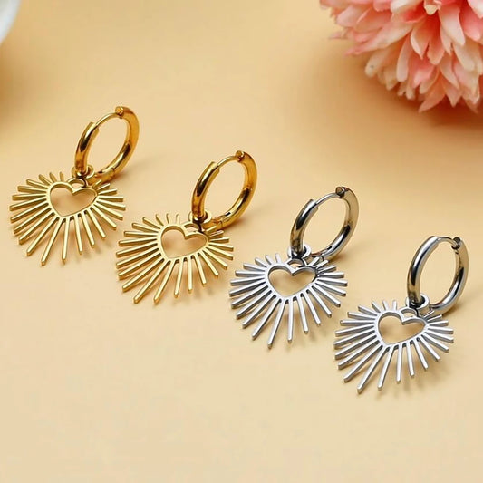 Skyrim Geometric Heart Sun Pendant Drop Earrings - Stainless Steel Hoop Earrings for Women