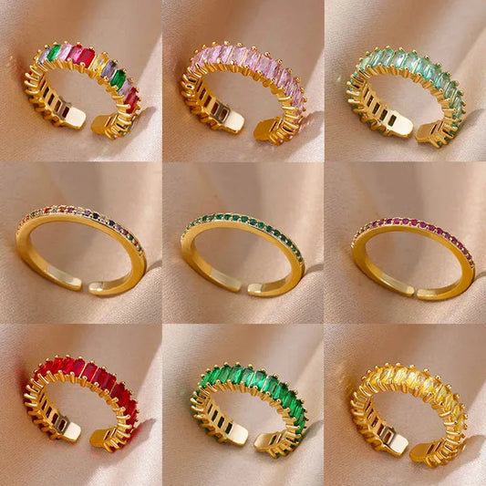 Mini Zircon Green Rings for Women - Adjustable Stainless Steel Gold Color Engagement Wedding Jewelry Gift