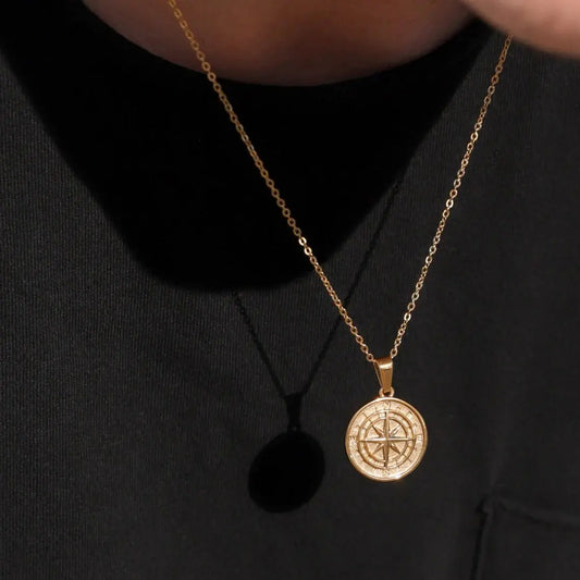 Gold Color Men's Compass Necklace - Vintage Viking North Star Anchor Medal Pendant for Gifts