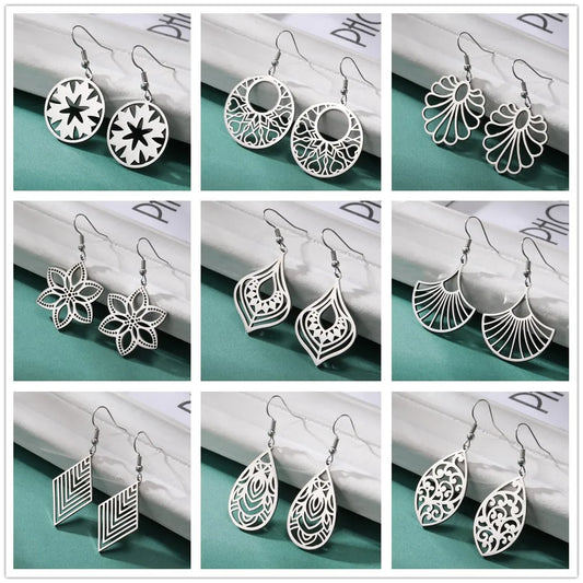 Skyrim Bohemian Flower Filigree Drop Earrings - Stainless Steel Waterproof Dangle Earrings for Women