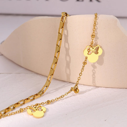 Cute Cartoon Anime Bow Mouse Pendant Stainless Steel Layered Bracelet for Women