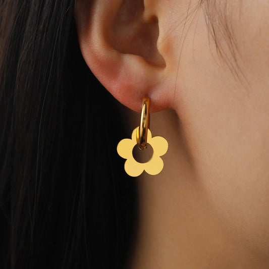 Skyrim Kpop Women Flower Drop Earrings - Gold Color Stainless Steel Hoop Earrings