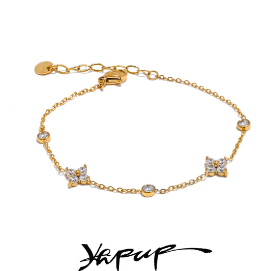 Yhpup Delicate Cubic Zirconia Flower Chain Thin Bracelet Bangle - Rust Proof Stainless Steel Jewelry for Office Ladies