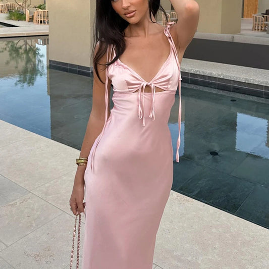 TARUXY V-neck Cut Out Lace-Up Spaghetti Strap Dress for Women - Summer Beach Long Dress