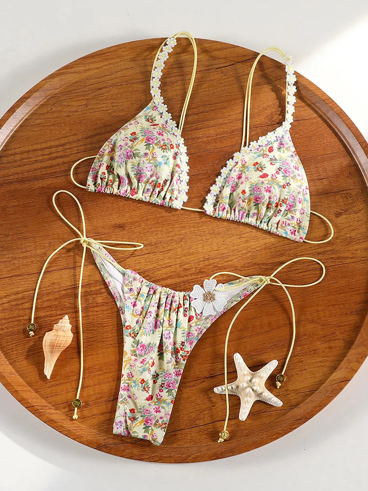 ZRTAK Floral Triangle Bikini Set – 2025 Micro Thong Bandage Swimwear for Women