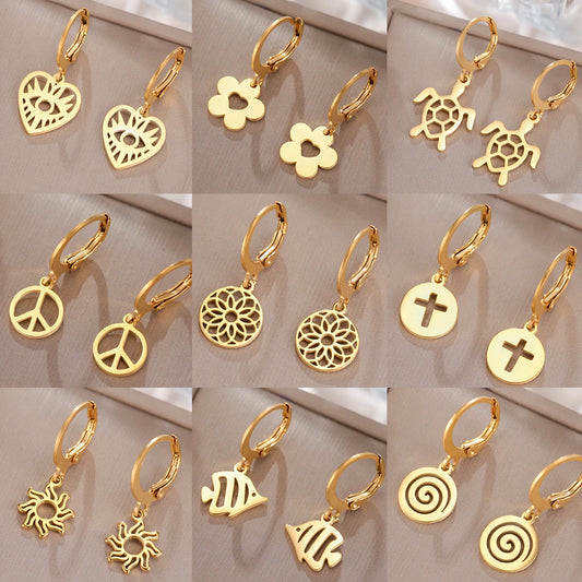 Skyrim Fashion Women Girls Stainless Steel Earrings - Heart Cross Flower Turtle Sun Pendant Hoop Earrings Jewelry Gift Wholesale