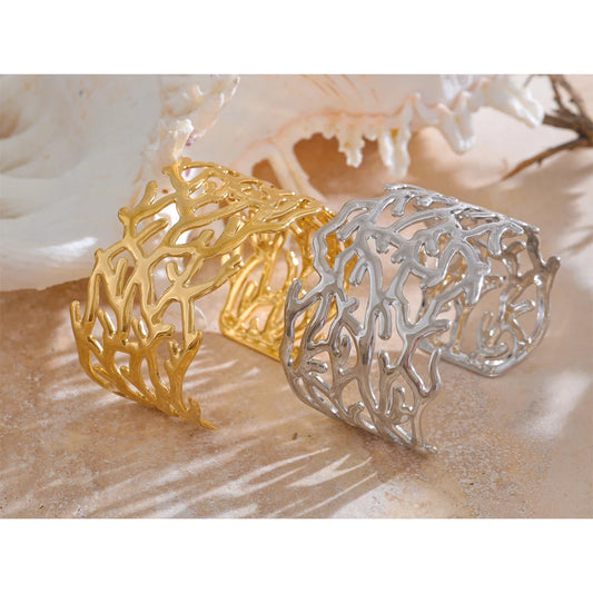 Yhpup Statement Stainless Steel Twig Geometric Hollow Wide Cuff Big Bracelet Bangle for Women - Waterproof Large Jewelry