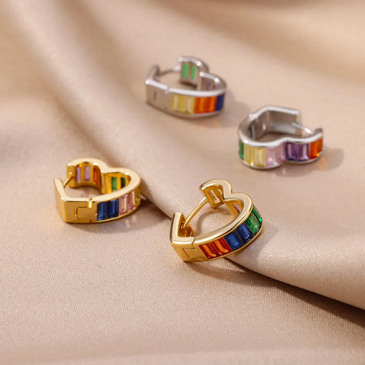 Colored Rainbow Zircon Earrings for Women - Mini Stainless Steel Geometric Circle Jewelry for Weddings and Parties