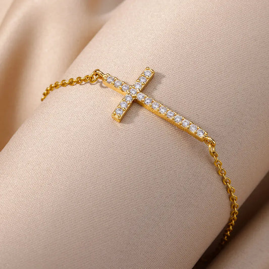 Stylish Crystal Cross Bracelets for Men and Women - Gold Plated Stainless Steel Vintage Religious Jewelry Gift