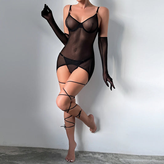 Sheer Mesh Lingerie Set for Women - 4-Piece Backless Dress & Briefs Nightwear