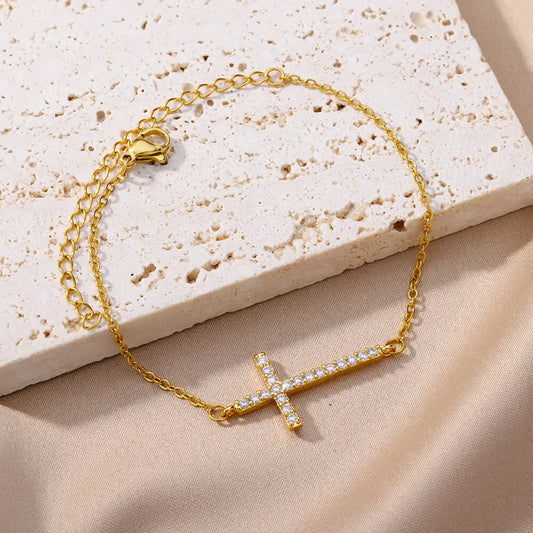 Stylish Crystal Cross Bracelets for Men and Women - Gold Plated Stainless Steel Vintage Religious Jewelry Gift