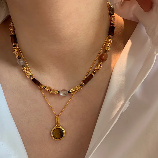 Vintage Handmade Natural Brown Stone Choker Necklace for Women - Gold Color Beaded Jewelry Gift