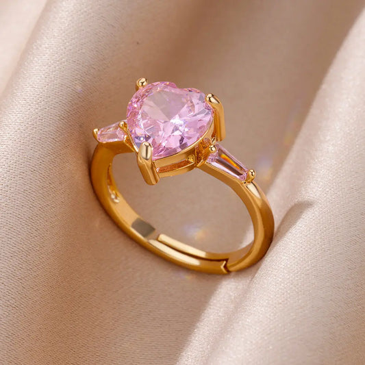 Pink Zircon Heart Rings for Women - Adjustable Gold Plated Stainless Steel Ring - 2025 Trend Wedding Aesthetic Jewelry Gift
