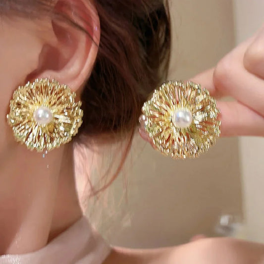 Exaggerated Metal Flowers Pearl Stud Earrings – Fashion Jewelry Gifts for Women
