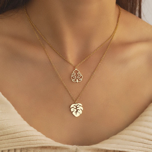 Stainless Steel Tropical Plant Big Leaves Pendant Necklace - Fashion Jewelry for Women, Ideal Gift for Friends