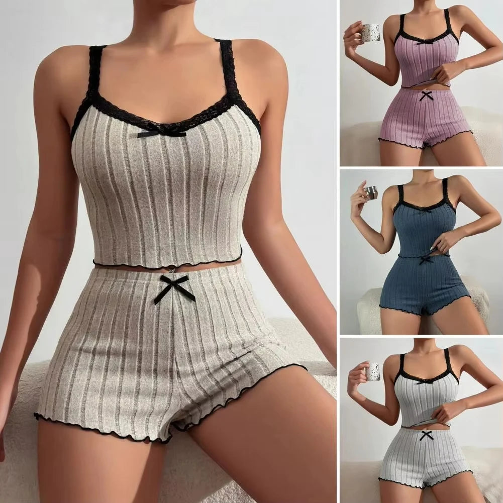 Pajama Suit Suspender Shorts with Sexy Bow Print