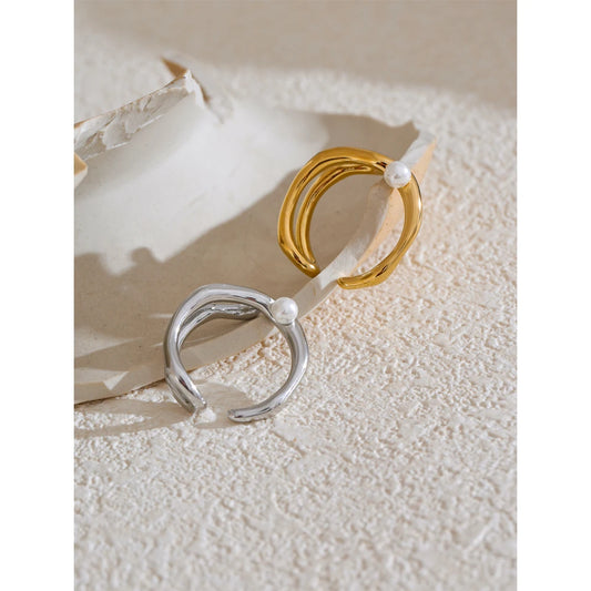 Yhpup Stylish Unique Stainless Steel Pearls Geometric Open Chic Ring for Women