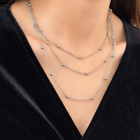 Stainless Steel Multi-Layered Bead Necklace for Women – Elegant Party Jewelry