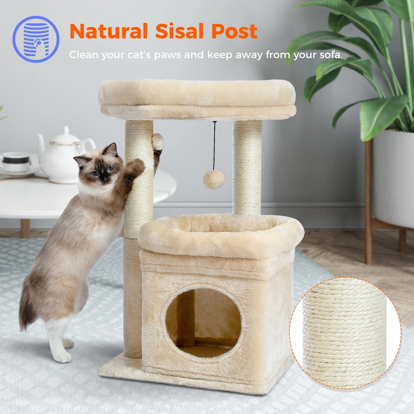 Cozy Cat Tree Tower for Indoor Cats with Double Large Perch and Private Condo
