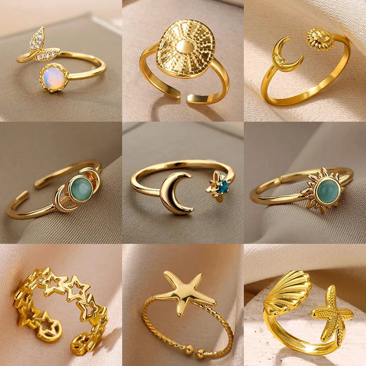 Zircon Moon Star Rings for Women - Stainless Steel Adjustable Aesthetic Jewelry