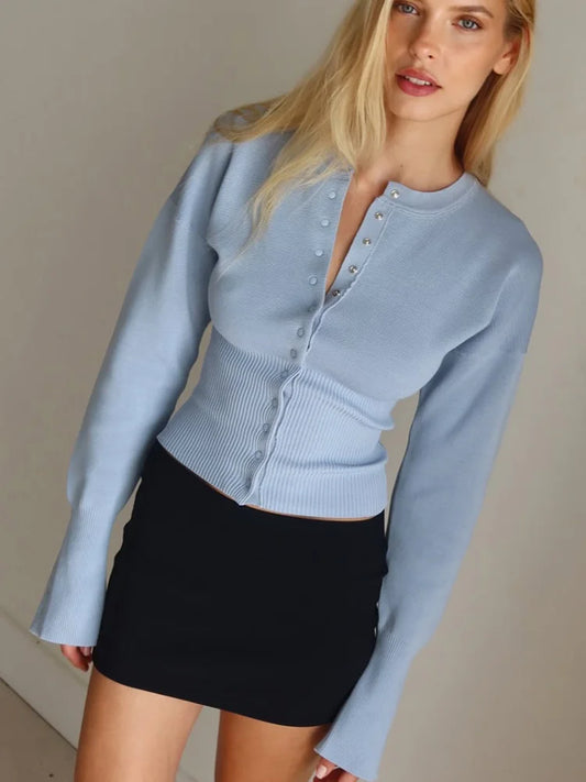 Tossy Autumn Fashion Knitwear Cardigan Top for Women - Ribbed Patchwork Slim Casual Cropped Inner Top