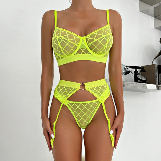 3-Piece Plaid Lace Erotic Set - Women’s Patchwork Lingerie in 7 Colors