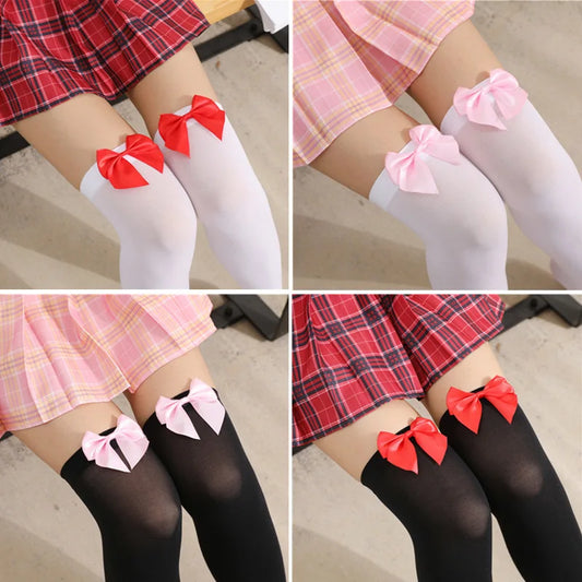 Elegant Women's Pink Bow Stay Up Thigh High Silk Stockings
