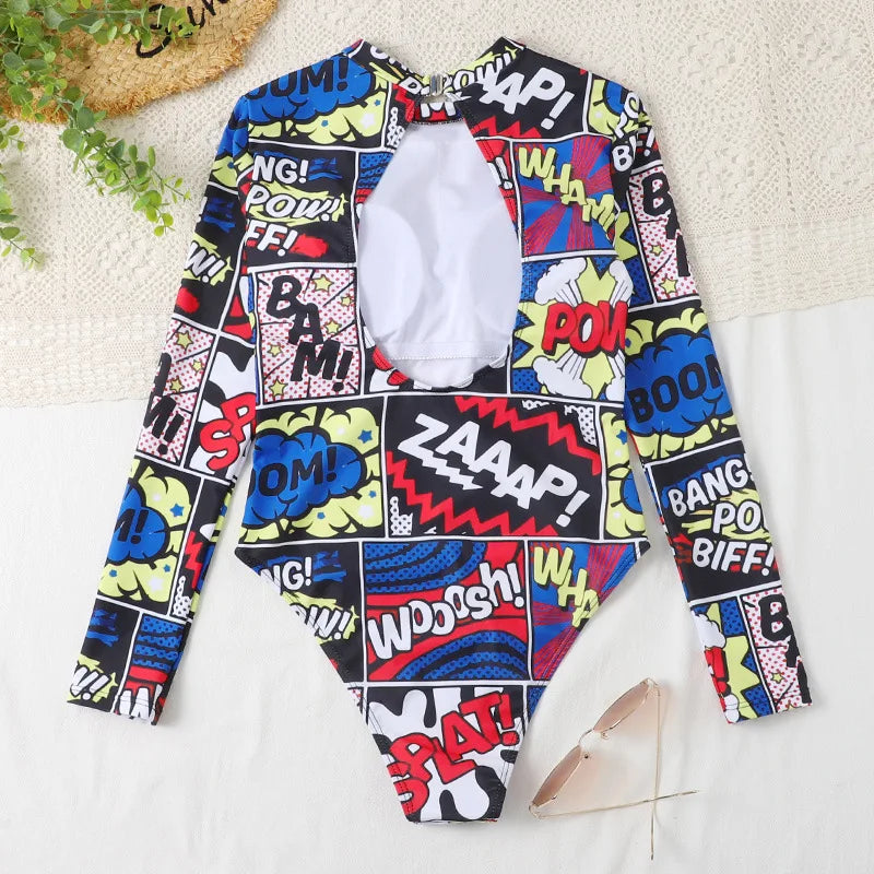 Tropical Luxe Long-Sleeve Surf Swimsuit - Floral Patchwork Beachwear for Women