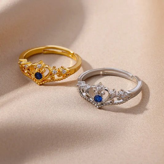 Blue Zircon Crown Rings for Women - Adjustable Gold Color Wedding Jewelry Gift