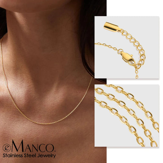 eManco Classic Fine Chain Gold-Plated Men's Necklace - Adjustable Stainless Steel with Upgraded Lobster Clasp